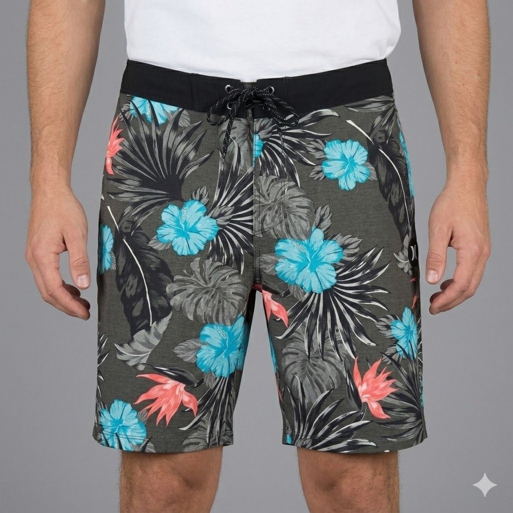 Hurley Board Shorts Phantom Tropical Floral Hibiscus Coral Size 30 Grey EUC